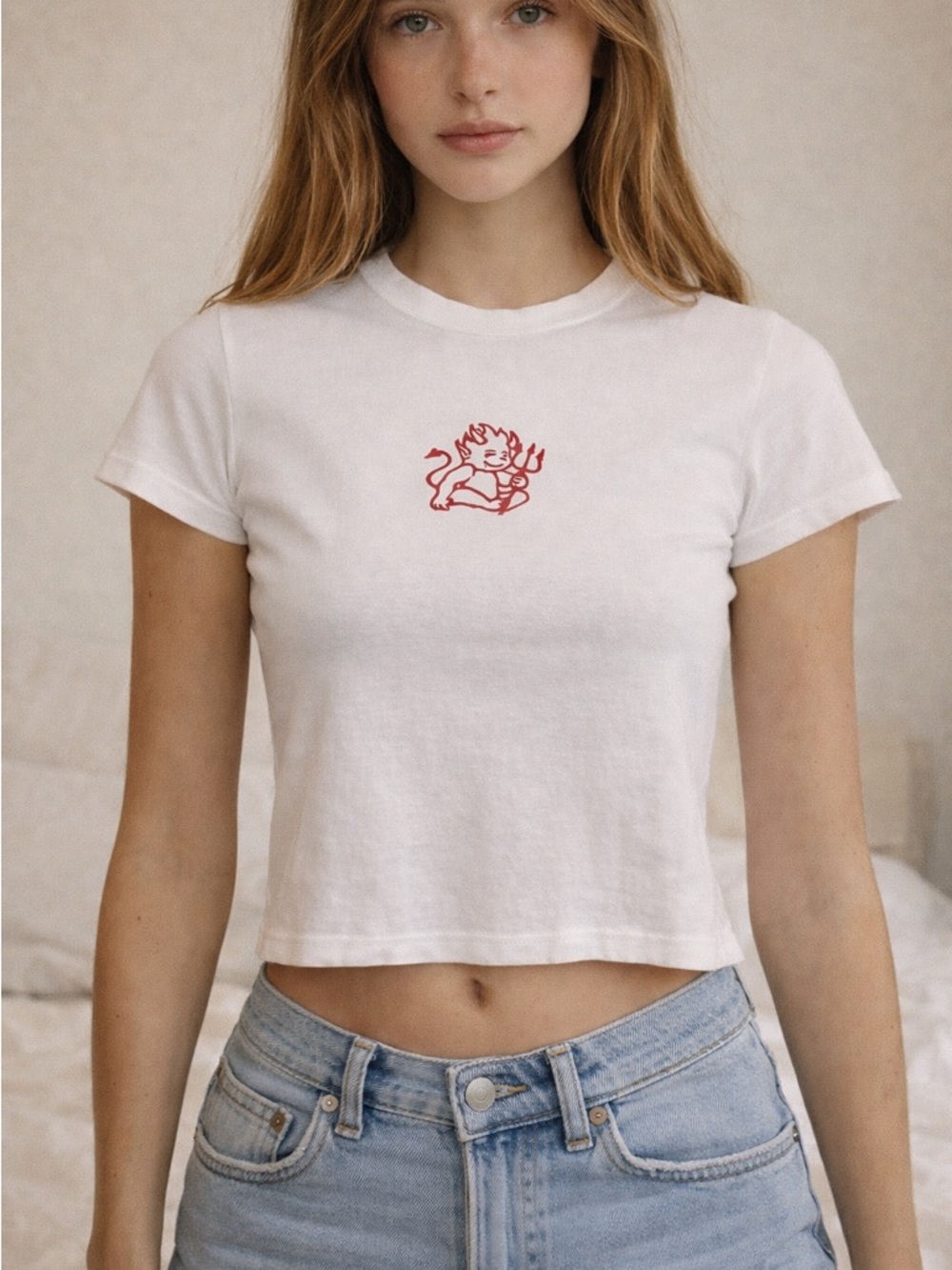 Brandy Melville White Cherub Graphic Crop Tee 100% Cotton Baby Tee